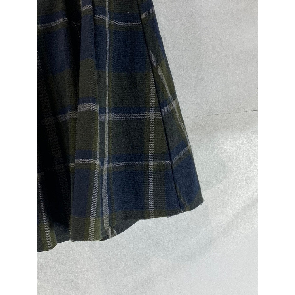 MANGO MNG Women's Green/Navy Check Grunge Pleated Mini Skirt SZ 2XL