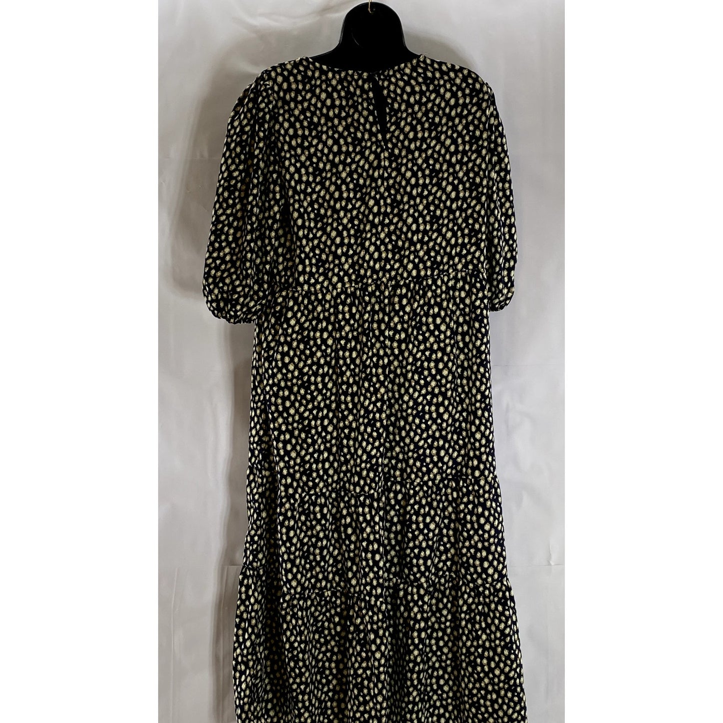 CALISTA Women's Navy Printed Crewneck Puff-Sleeve Tiered Midi Dress SZ L