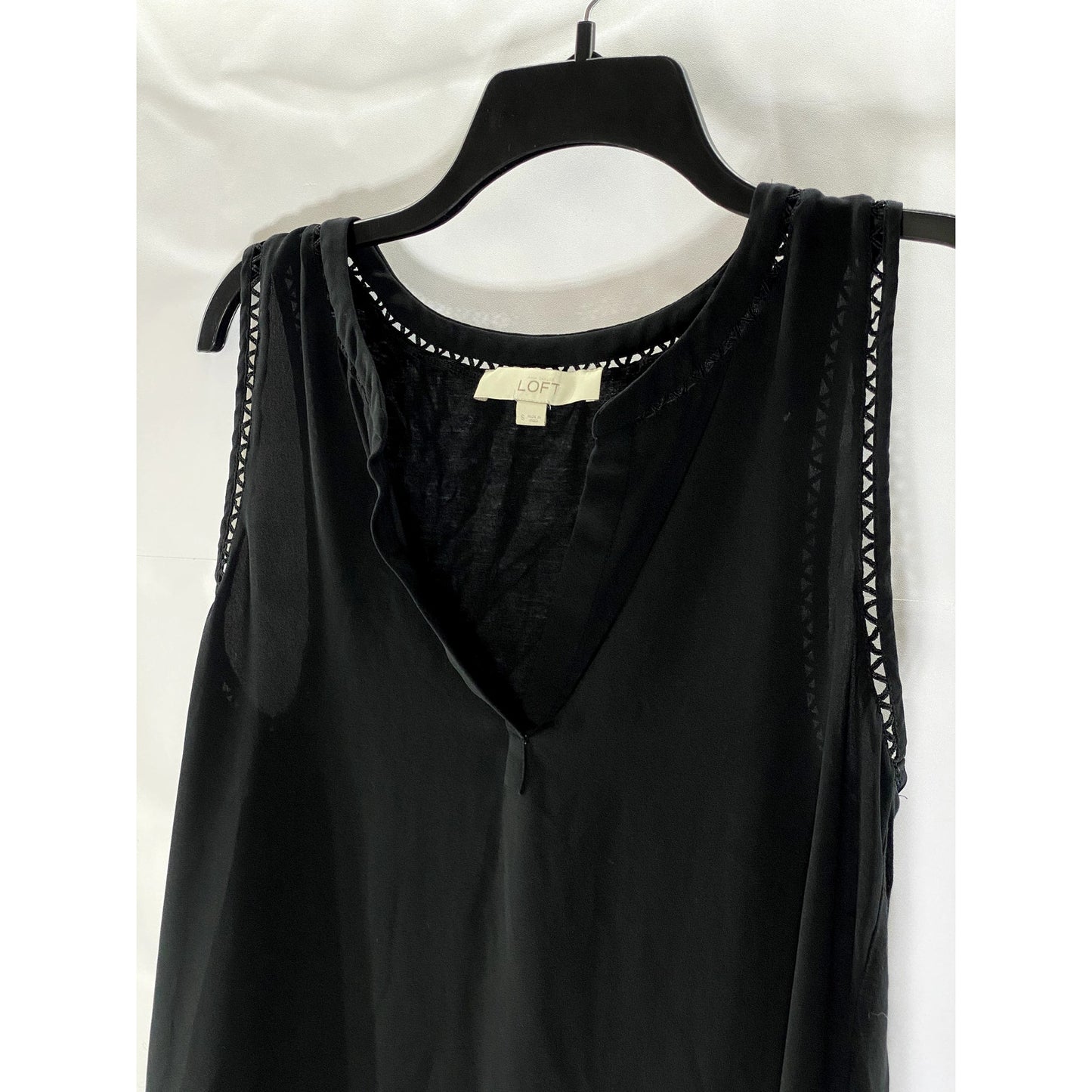 LOFT Women's Black V-Neck Cutout Knit Trim Sleeveless Sheer Top SZ S