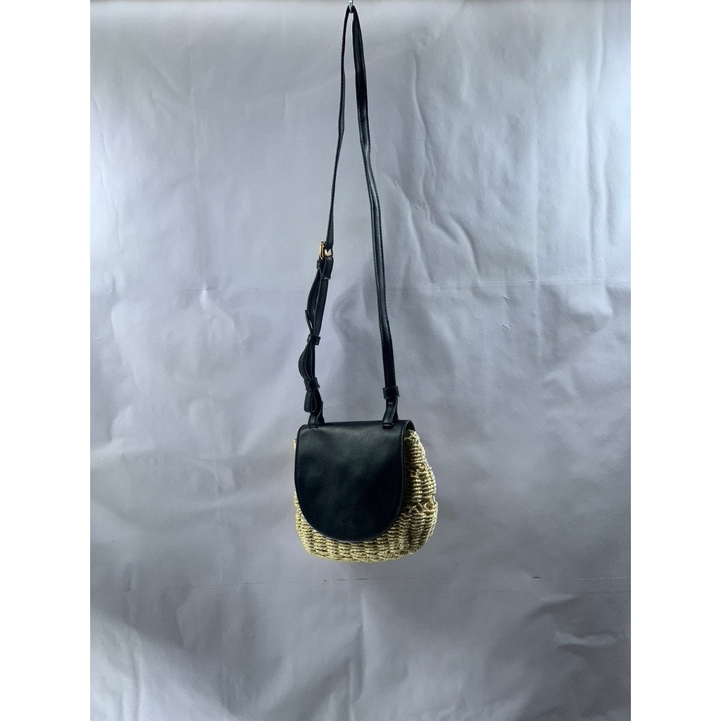 A NEW DAY Women's Black-Tan Straw Flap Snap Button Shoulder Cross-Body Bag