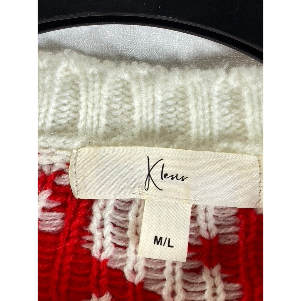 KLESIS Women's Cream/Red Houndstooth Crewneck Knit Cropped Sweater SZ M/L