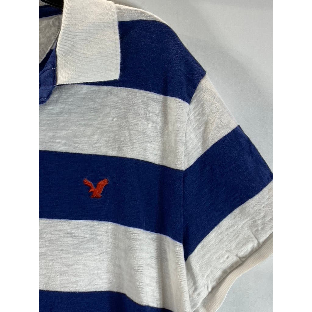 AMERICAN EAGLE OUTFITTERS Men's Navy/White Athletic-Fit Striped Polo Shirt SZ L