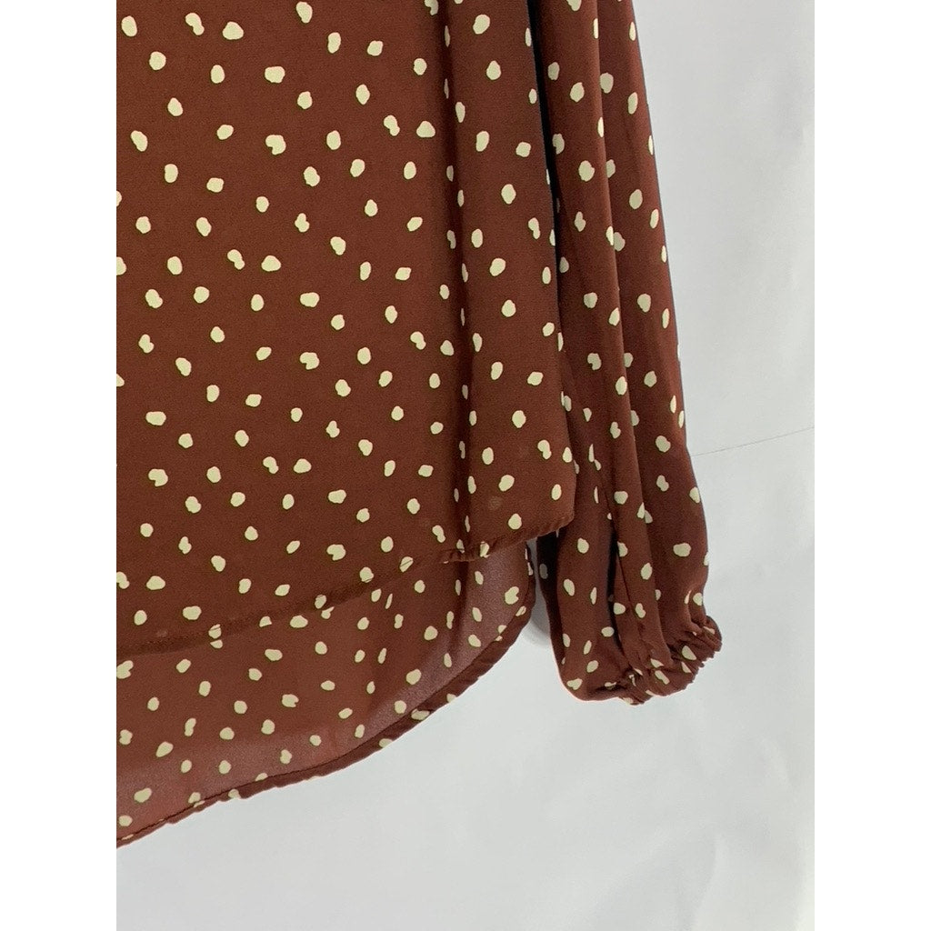 ALL IN FAVOR Women's Dark Brown/White Polka Dot V-Neck Long Sleeve Top SZ S