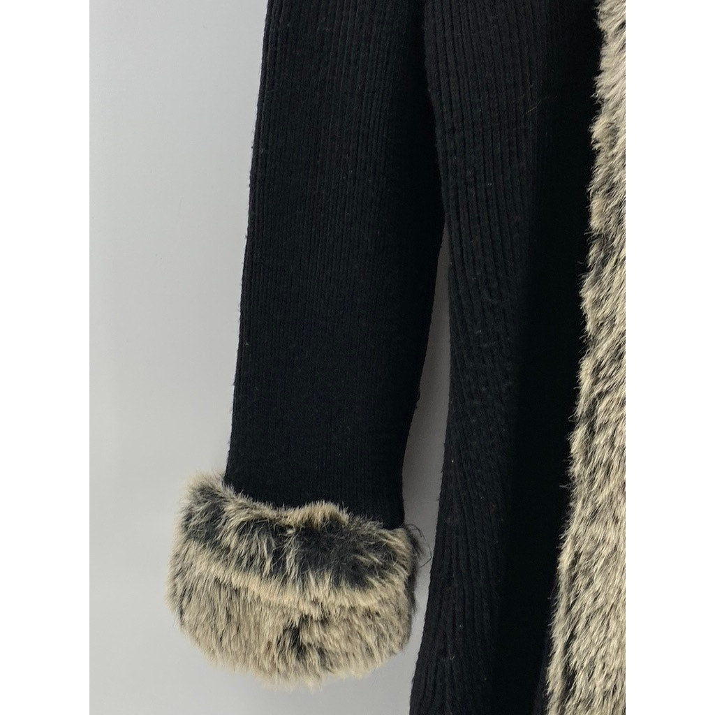 CHRISTIE & JILL Women's Vintage Black Rib Faux Fur Long Sleeve Long Duster SZ L