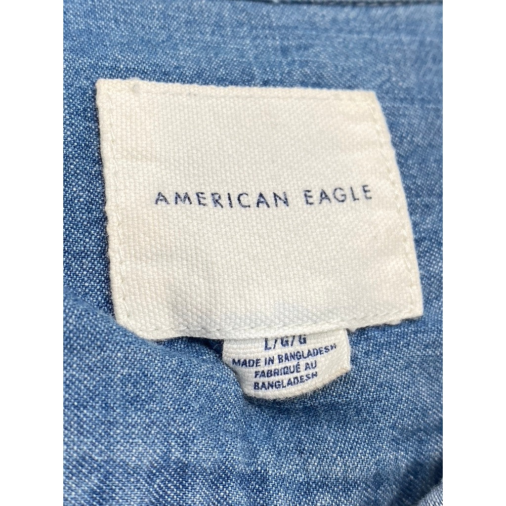 AMERICAN EAGLE Men's Blue Denim Button-Up Long Sleeve Regular-Fit Shirt SZ L
