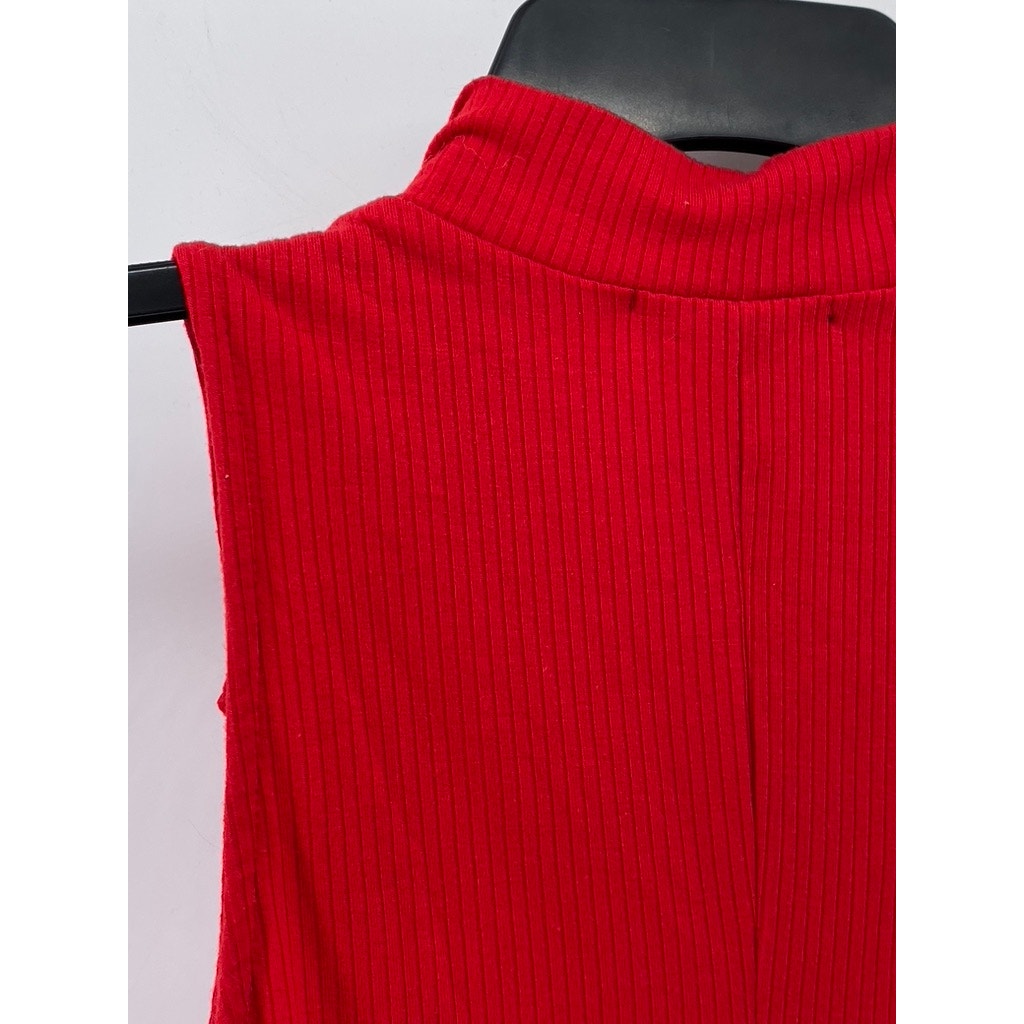 AMBIANCE Women's Red Ribbed Mock-Collar Half-Zip Sleeveless Mini Dress SZ S