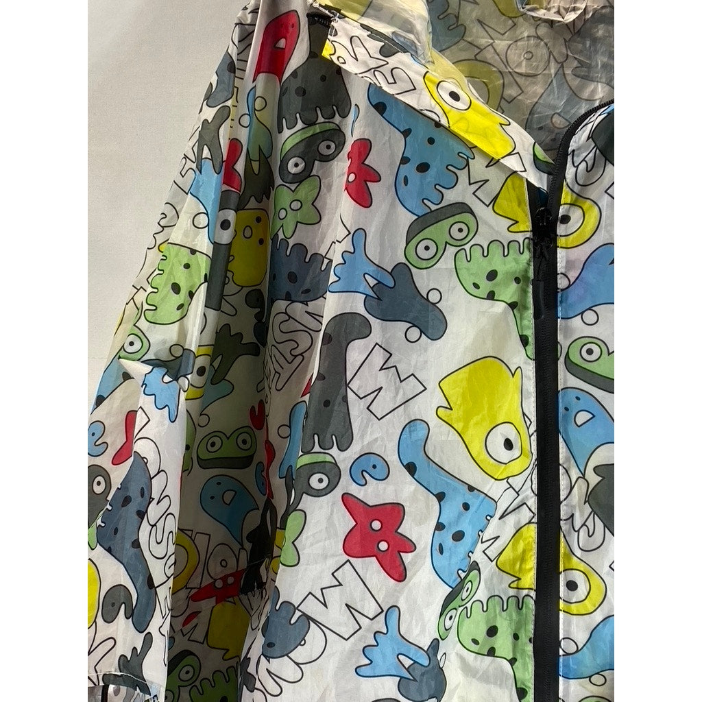 SAPHIROSE Unisex White Multicolor Monster Printed Zip-Up Hooded Rain Poncho SZXL
