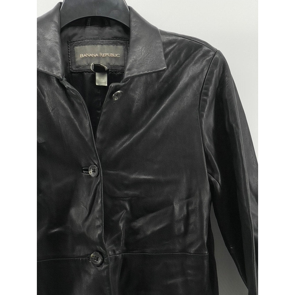 BANANA REPUBLIC Women's Black Button-Up Leather Streetwear Coat SZ S