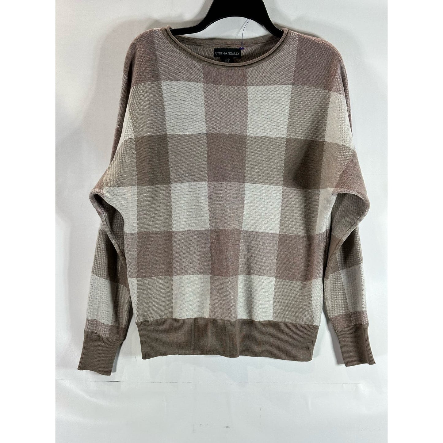 CYNTHIA ROWLEY Women's Brown/Beige Plaid Bateau Pullover Sweater SZ M