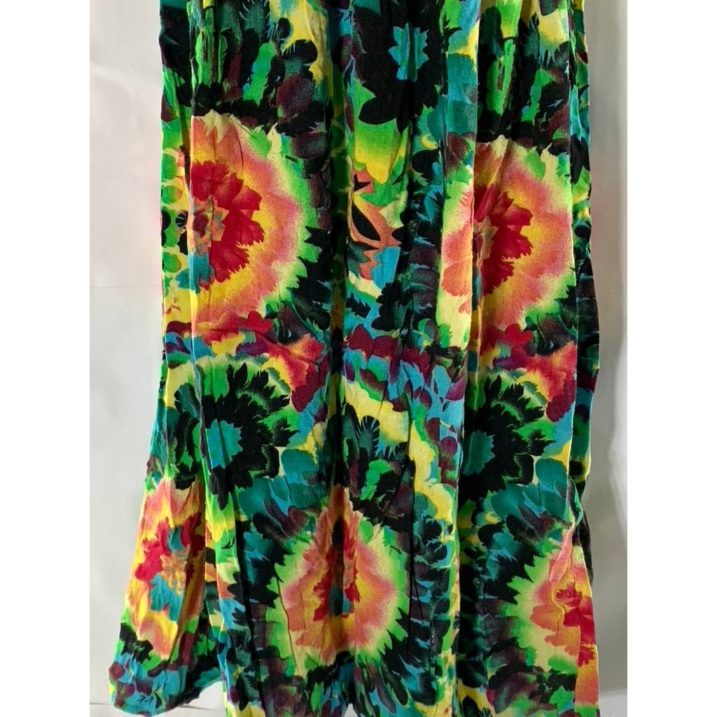 UNBRANDED Women's Green Multicolor Tie-Dye Print Smocked Ruffle Sleeve Dress SZS