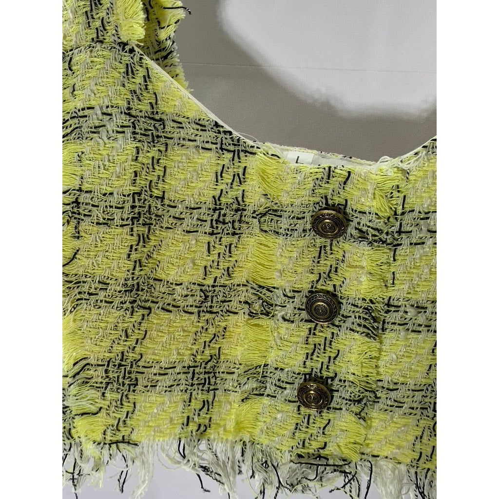SHEIN Women's Yellow/Black Plaid Tweed Raw Cut Straight-Neck Crop Top SZ L