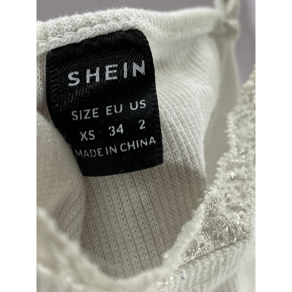 SHEIN Women's White Ribbed Lace-Trim Scoop-Neck Cropped Tank Top SZ XS