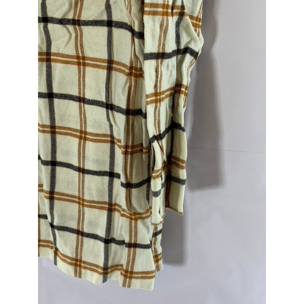 MADEWELL Women's Cream Plaid Flannel Oversized Button-Up Boyfriend Top SZ L