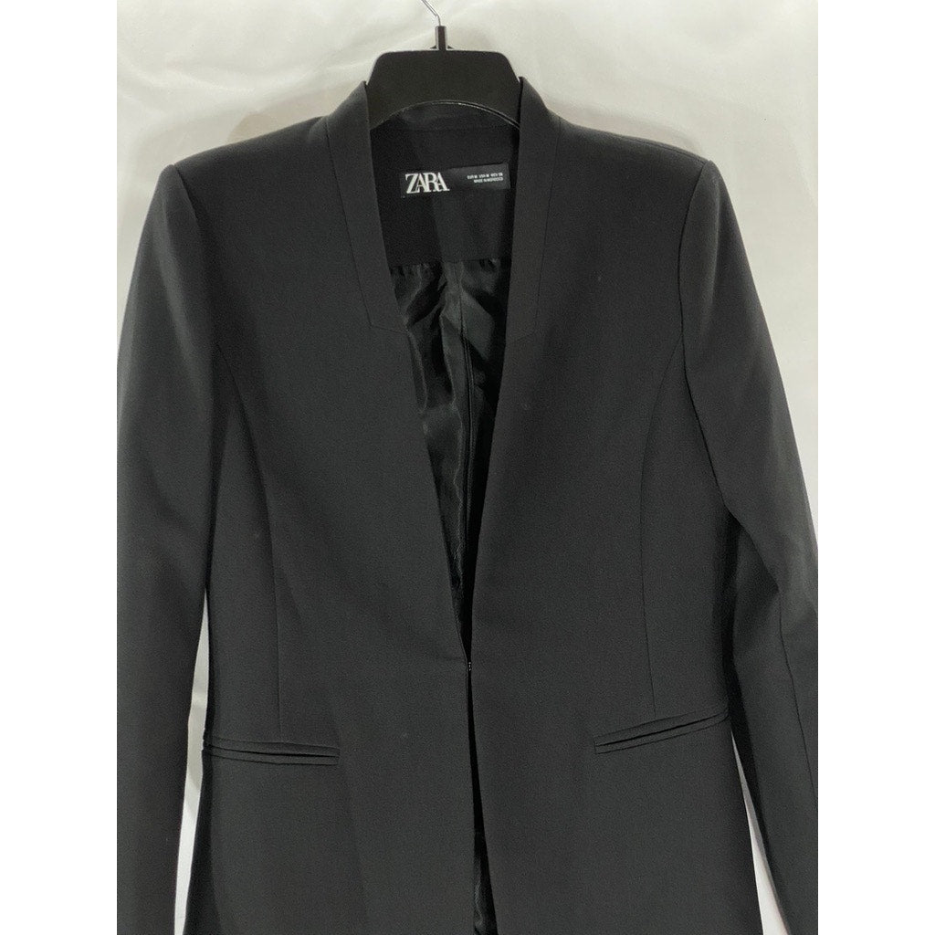 ZARA Women's Solid Black Fitted Hook-Closure Collarless Blazer SZ M