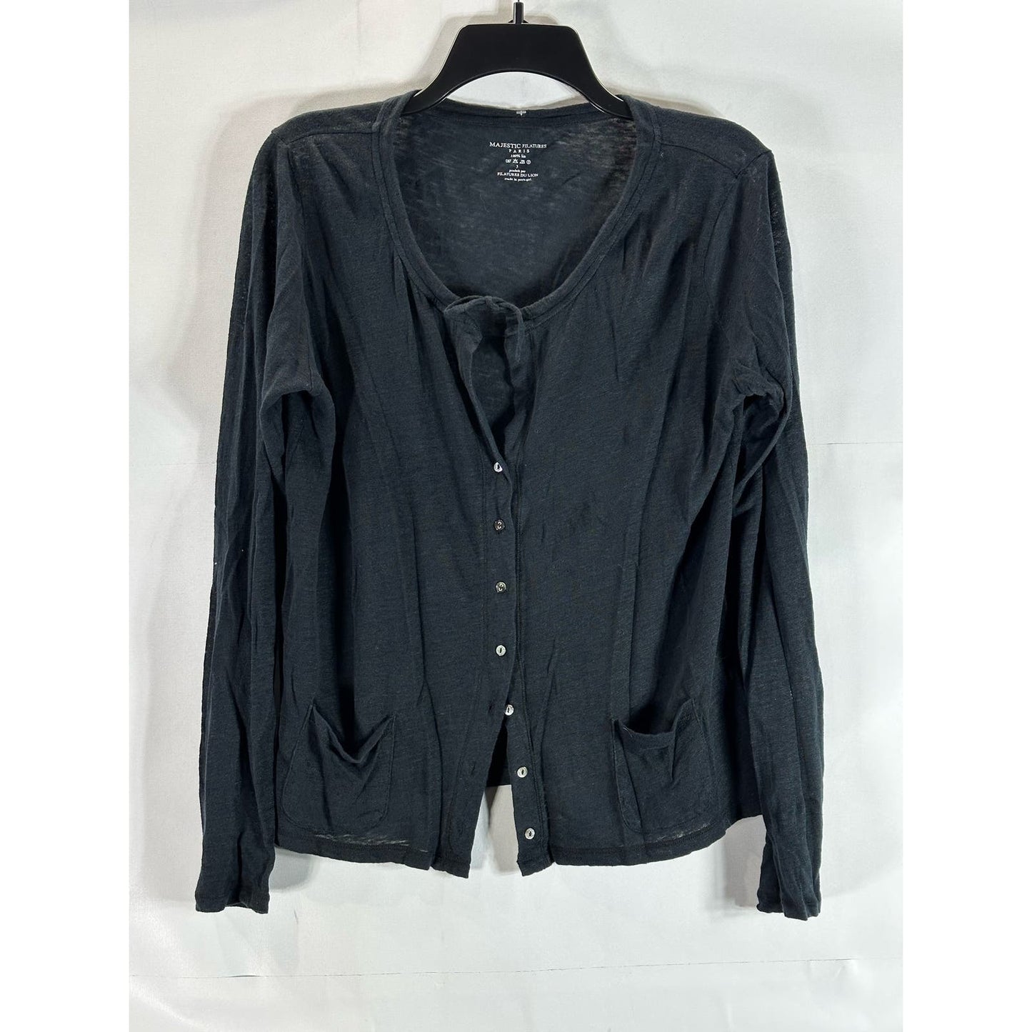 MAJESTIC FILATURES Women's Black Solid Button-Down Tie-Neck Cardigan SZ 3(USM)