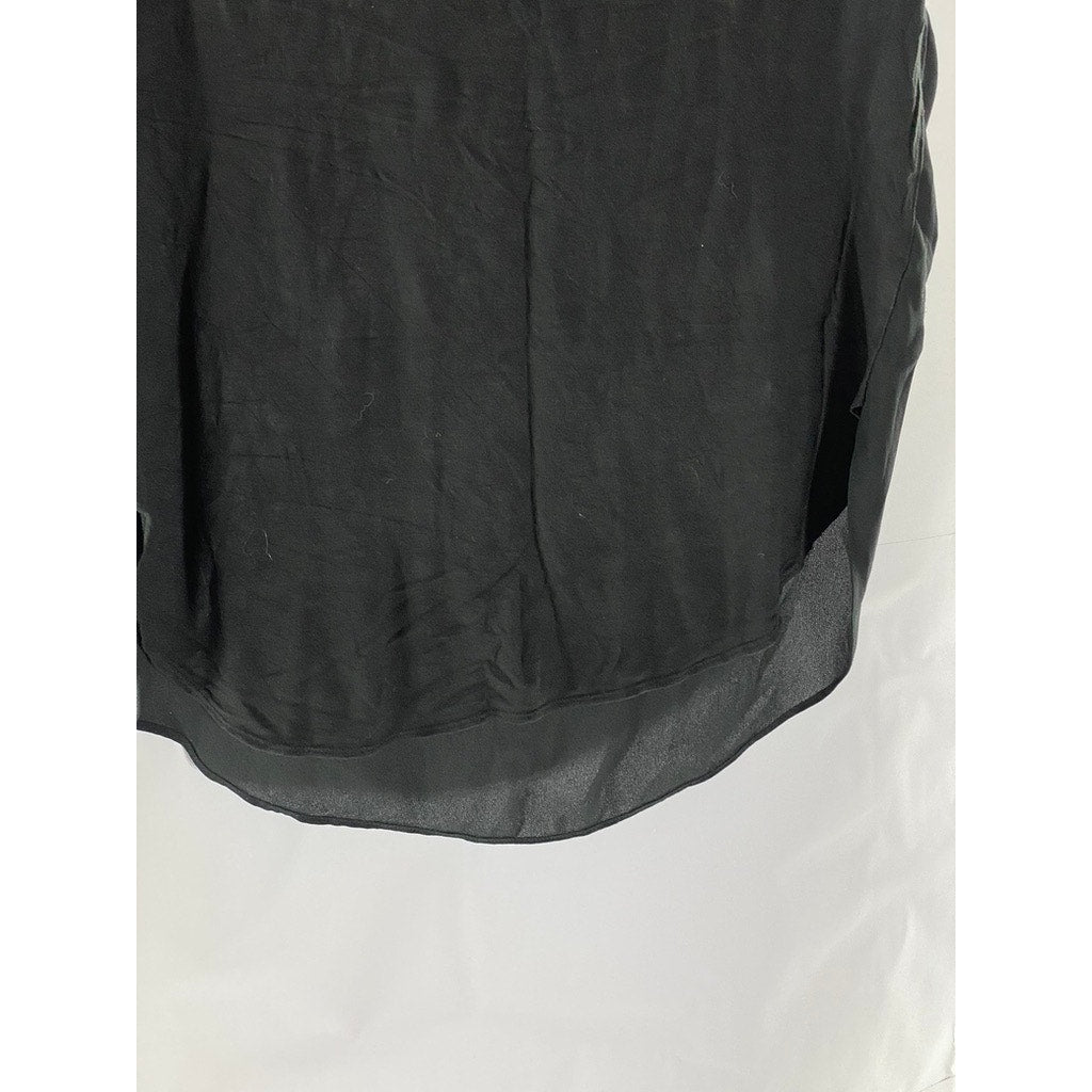 LOFT Women's Black Solid Sheer V-Neck Short Sleeve Round Hem Top SZ S