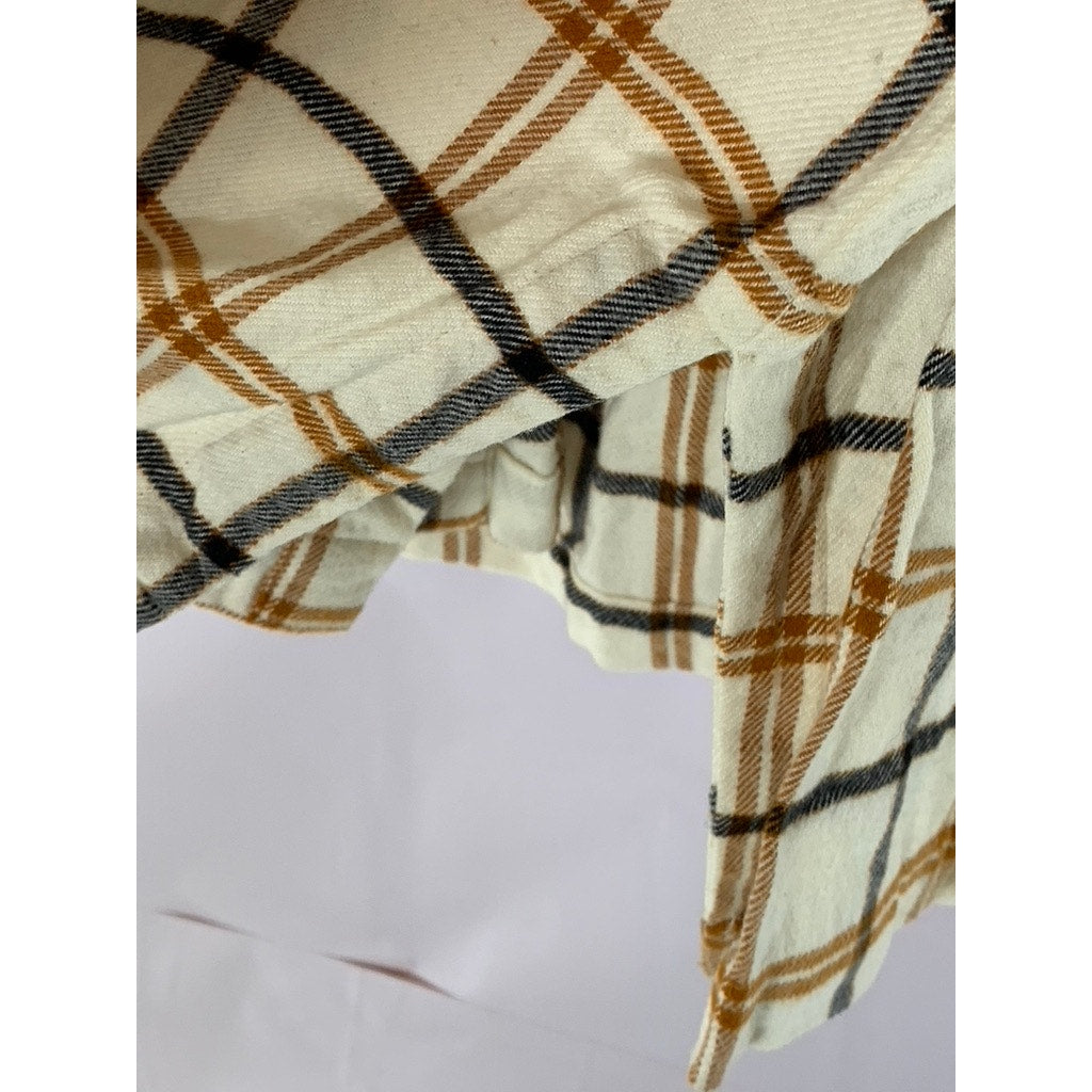 MADEWELL Women's Cream Plaid Flannel Oversized Button-Up Boyfriend Top SZ L