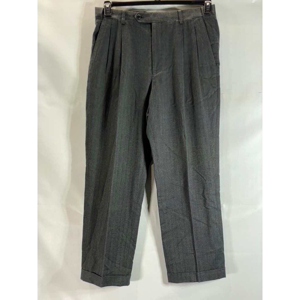 PAUL FREDRICK Men's Gray/Black Stretch Classic-Fit Pleated Cuffed-Hem Pant SZ 35