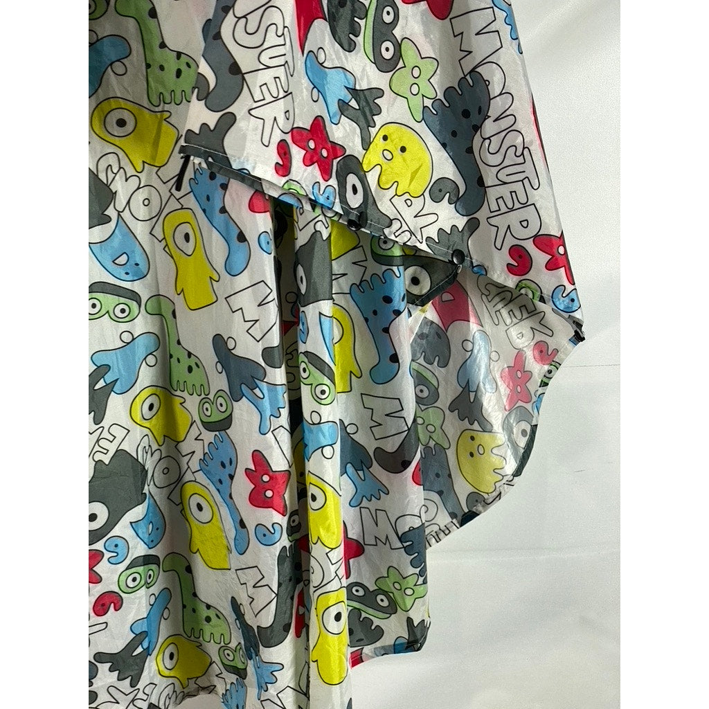 SAPHIROSE Unisex White Multicolor Monster Printed Zip-Up Hooded Rain Poncho SZXL