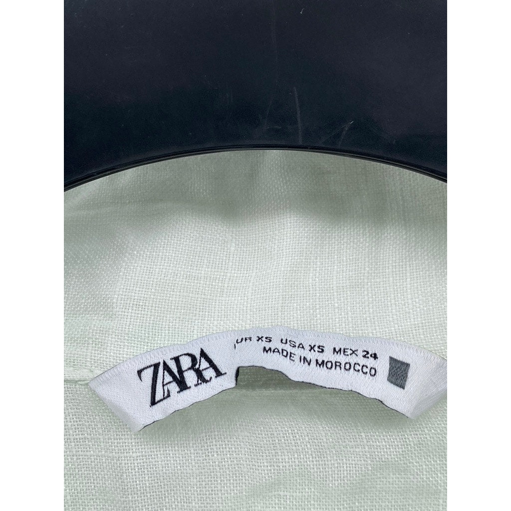 ZARA Women's Light Green Linen Keyhole Tie-Neck Long Sleeve Top SZ XS