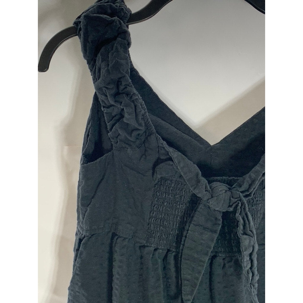 OLD NAVY Women's Black Solid V-Neck Ruffle-Sleeve Tie-Bust Tiered Maxi Dress SZM