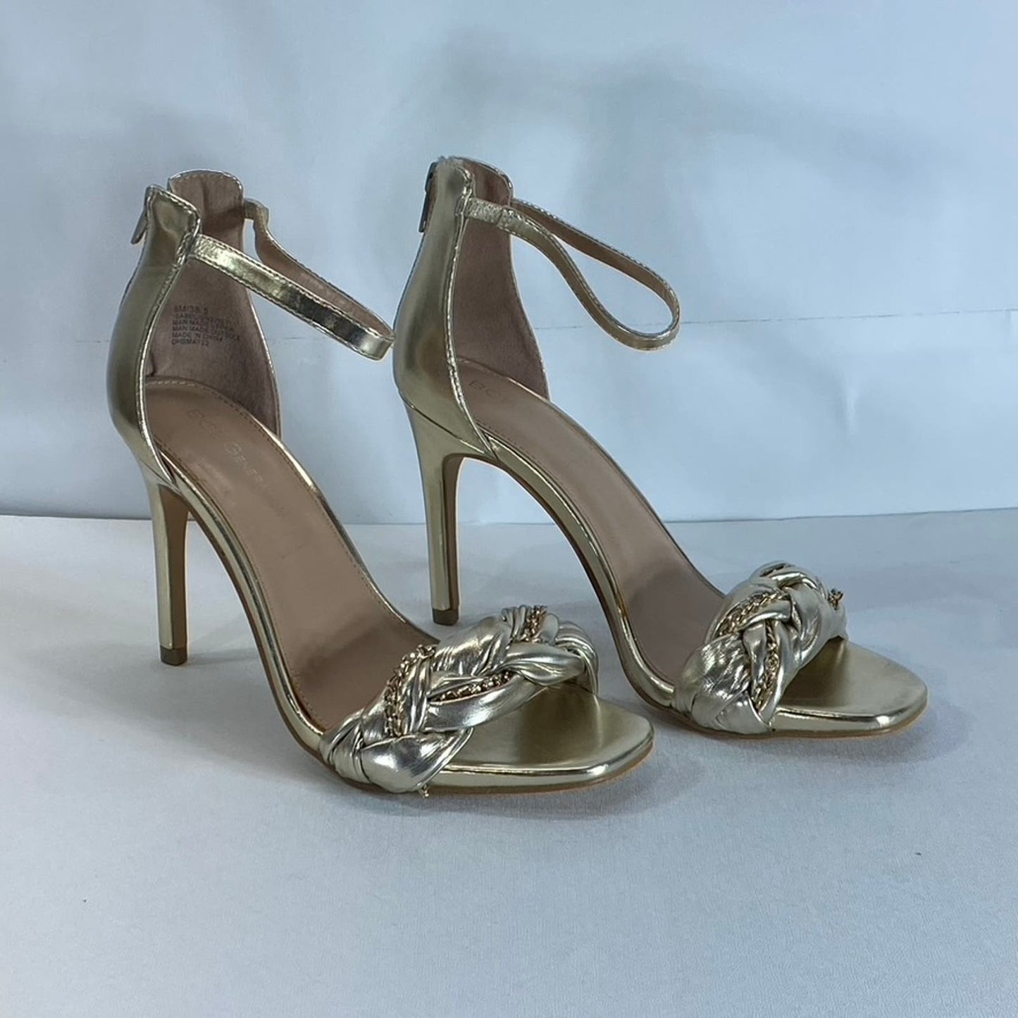 BCBGENERATION Women's Gold Metallic Isabel Braided Chain Heeled Sandals SZ 8.5