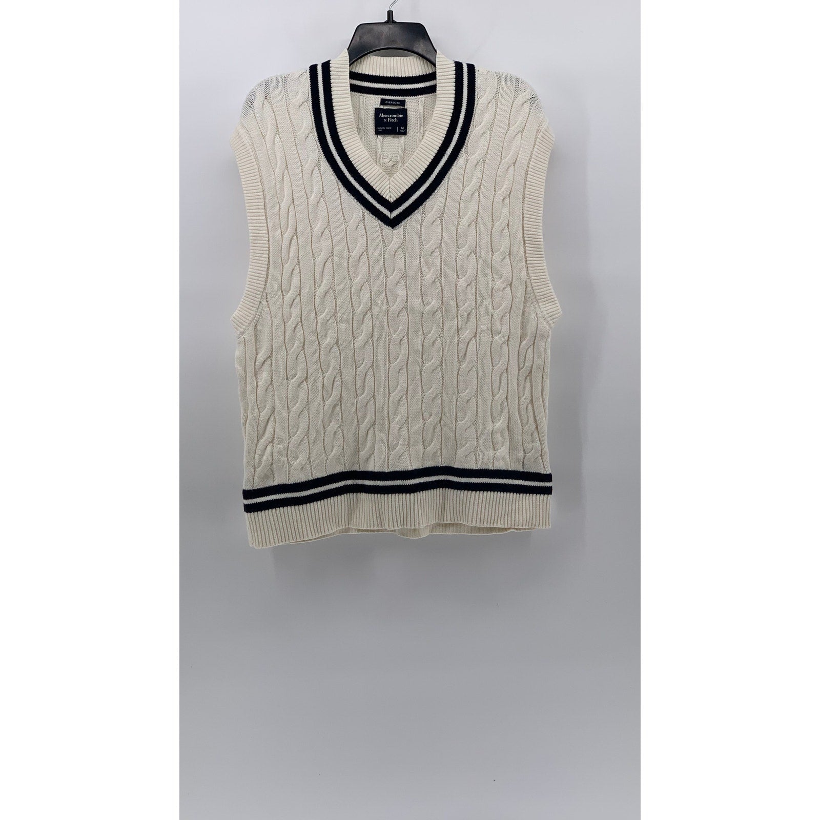 ABERCROMBIE & FITCH Men's Off-White Cable Knit V-Neck Oversized Sweater Vest SZM