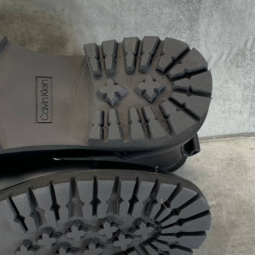 CALVIN KLEIN Men's Black Leather Cavin Lug-Sole Lace-Up Combat Boots SZ 13
