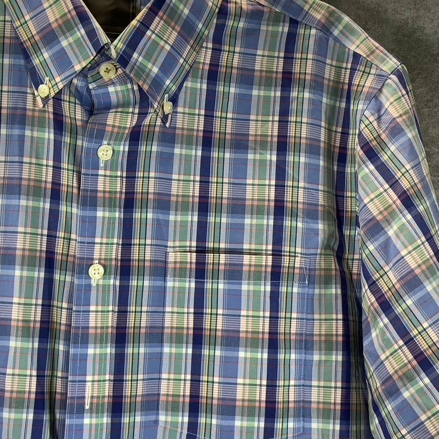 ENRO Men's Blue Multi Plaid Non-Iron Button-Up Short-Sleeve Shirt SZ L