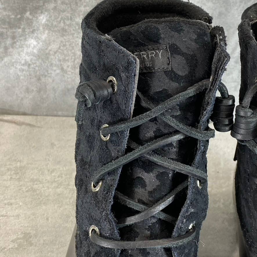 SPERRY Women's Black Saltwater Cheetah Lace-Up Waterproof Duck Boots SZ 9.5