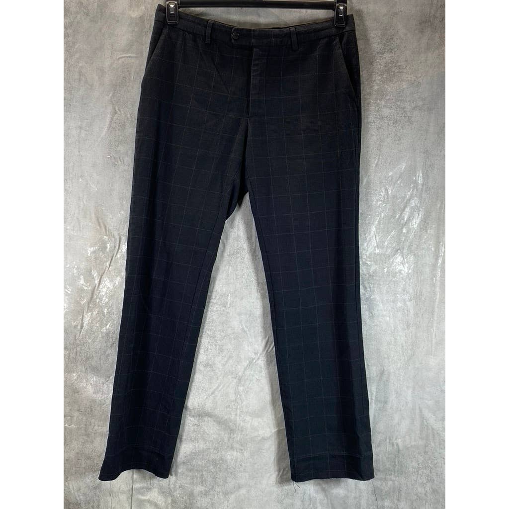 JOHN VARVATOS Men's Black Windowpane Flat-Front Straight-Leg Pants SZ 32