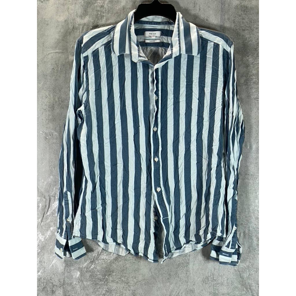 REISS Men's White/Navy Wide Stripe Slim-Fit Button-Up Long-Sleeve Shirt SZ L