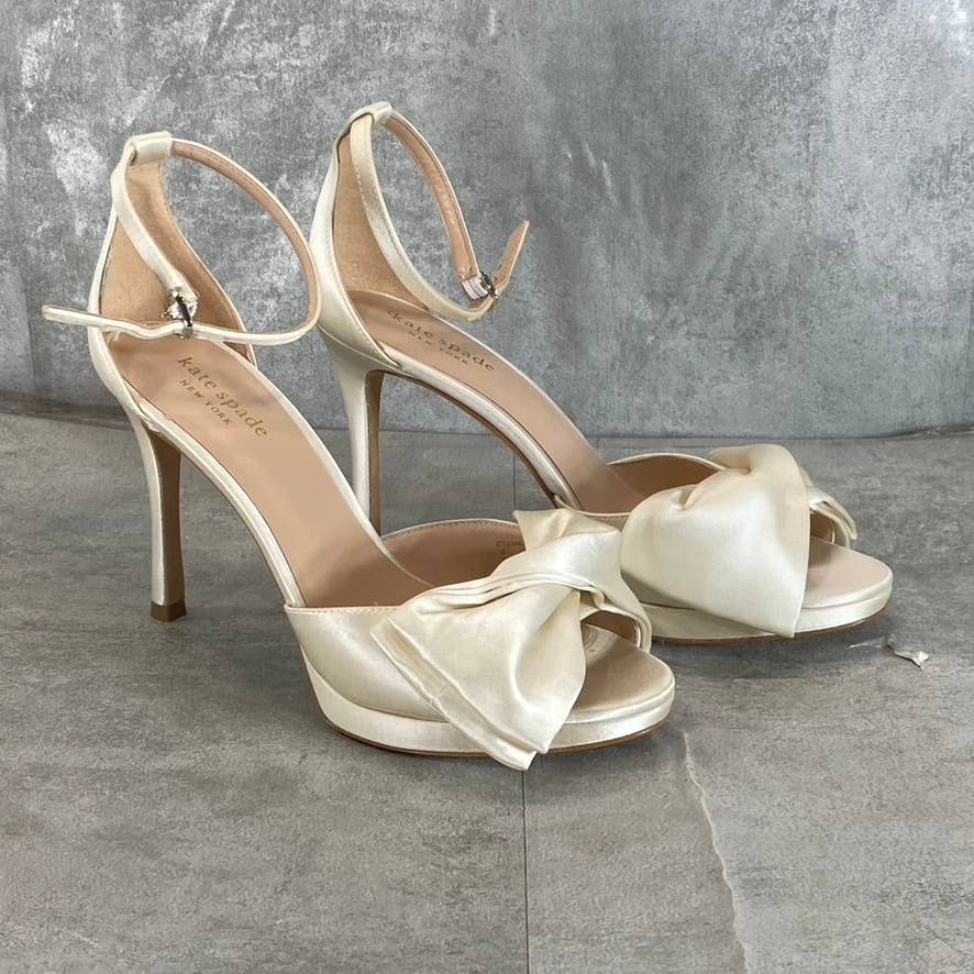 KATE SPADE Women's Ivory Satin Bridal Bow Ankle-Strap Stiletto Dress Sandals SZ7