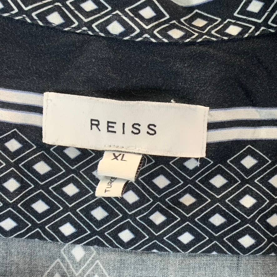 REISS Men's Black/White Diamond Striped Button-Up Short-Sleeve Camp Shirt SZ XL