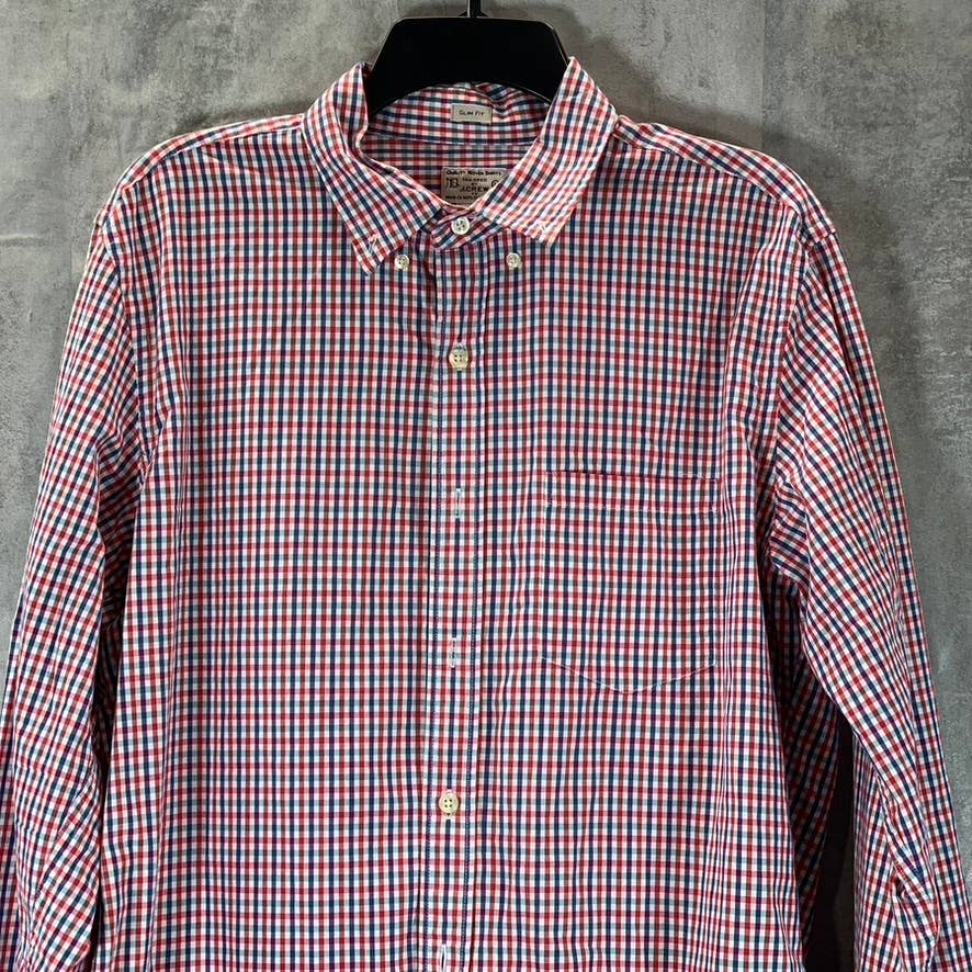 J.CREW Men's Blue/Red Gingham Slim-Fit Lightweight Button-Up Shirt SZ L