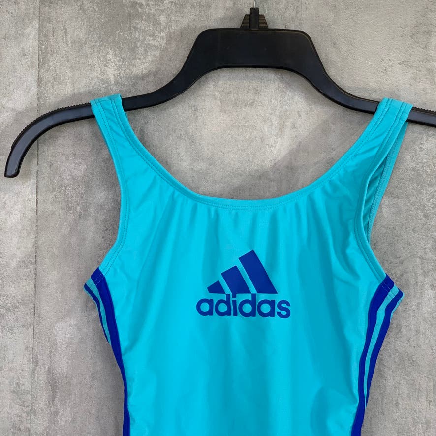 ADIDAS Girl's Light Blue Logo Front 3 Stripe One-Piece Pull-On Bathing Suit SZ L
