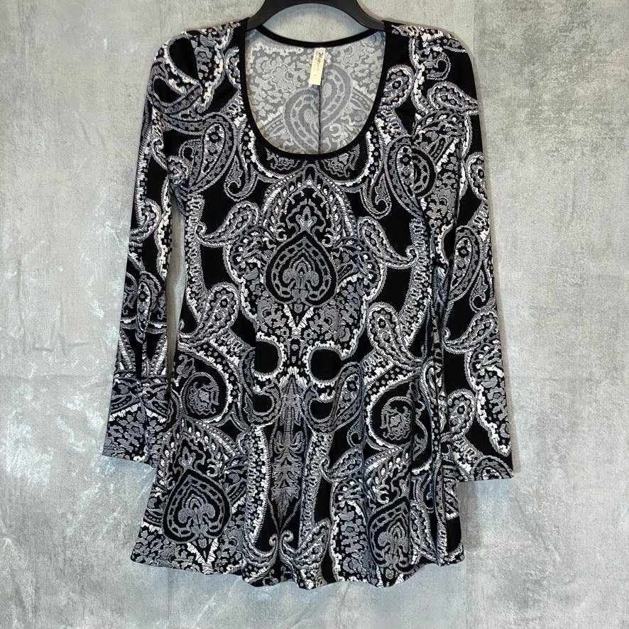 24/7 COMFORT APPAREL Women's Black Paisley Scoop Neck Long Sleeve Tunic Top SZ M