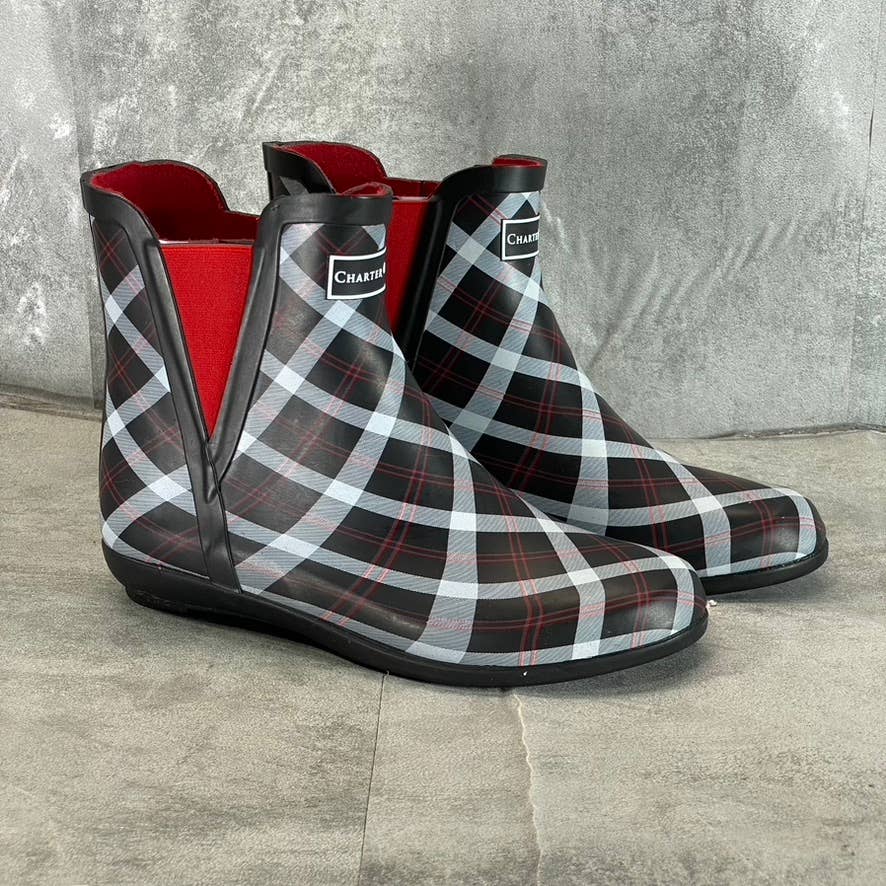 CHARTER CLUB Women's Black/Red Cloudburst Pull-On Rain Boots SZ 9