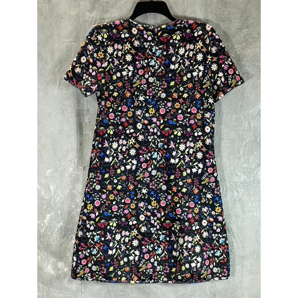 CYNTHIA ROWLEY Women's Black Floral Print Crewneck Short Sleeve Mini Dress SZ 6