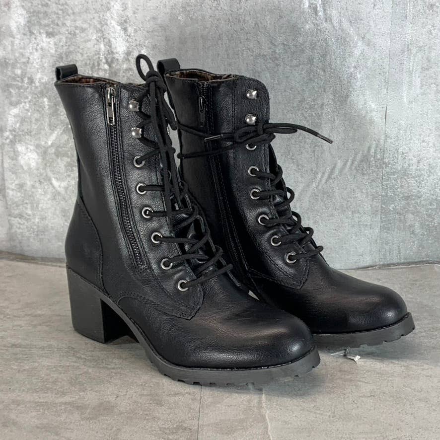 SUN+STONE Women's Black Sloanie Block-Heel Lace-Up Side-Zip Hiker Boots SZ 9