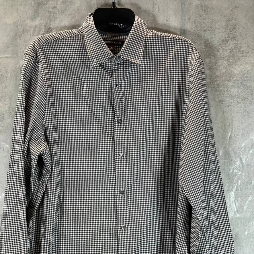 MICHAEL KORS Men's Black/White Mini Check Trim Stretch Button-Up Shirt SZ L
