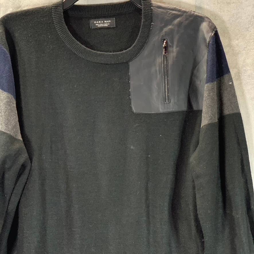 ZARA MAN Men's Black Patch Crewneck Pullover Sweater SZ L