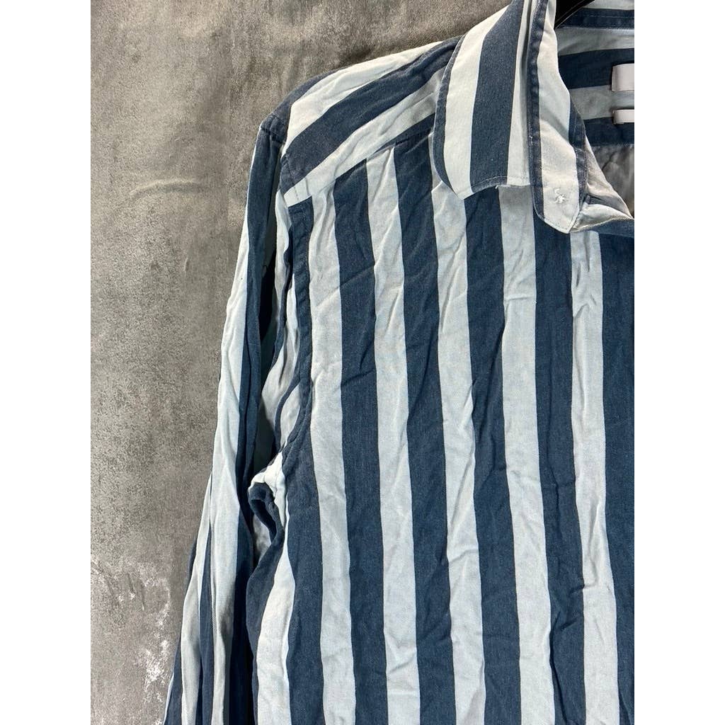 REISS Men's White/Navy Wide Stripe Slim-Fit Button-Up Long-Sleeve Shirt SZ L