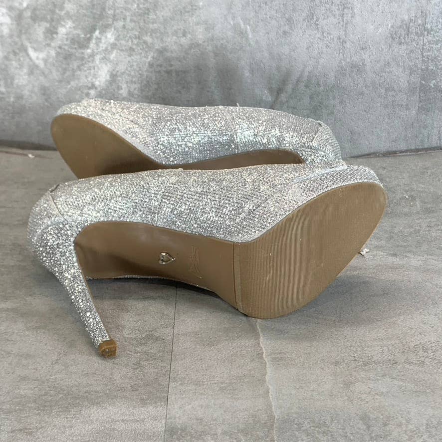 THALIA SODI Women's Silver Rhinestone Lenna Stiletto Peep-Toe Pumps SZ 8