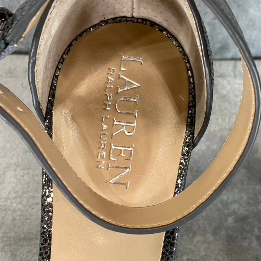 LAUREN RALPH LAUREN Women's Grey Crinkly Leather Sylvia Ankle-Strap Sandal SZ7.5
