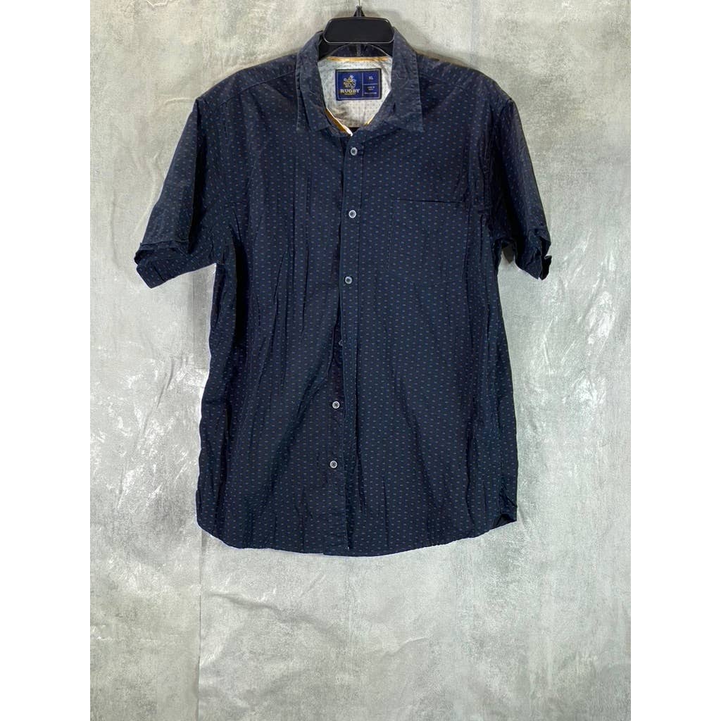RUGBY UNIVERSITY Men's Navy Printed Button-Up Short-Sleeve Shirt SZ XL