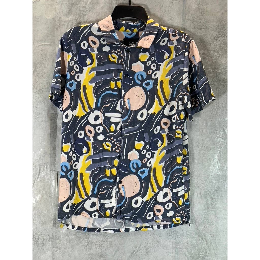 NATIVE YOUTH Men's Navy The Nostalgia Print Short-Sleeve Button-Up Shirt SZ M