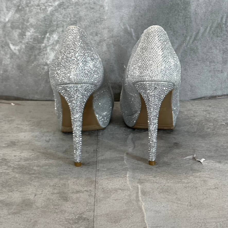 THALIA SODI Women's Silver Rhinestone Lenna Stiletto Peep-Toe Pumps SZ 8