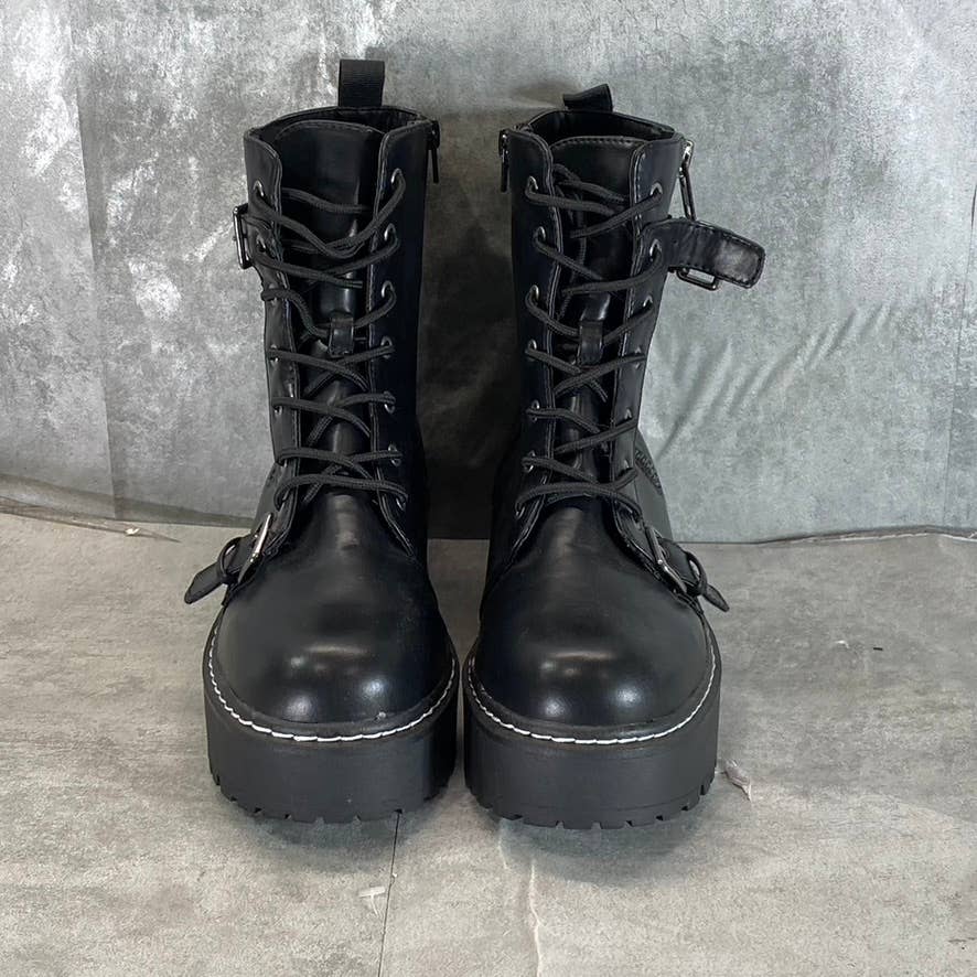 WILD PAIR Women's Black Faux-Leather Arriele Lug-Sole Platform Boots SZ 9.5