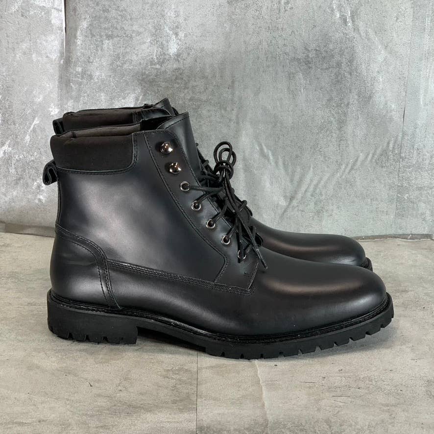 CALVIN KLEIN Men's Black Leather Cavin Lug-Sole Lace-Up Combat Boots SZ 13
